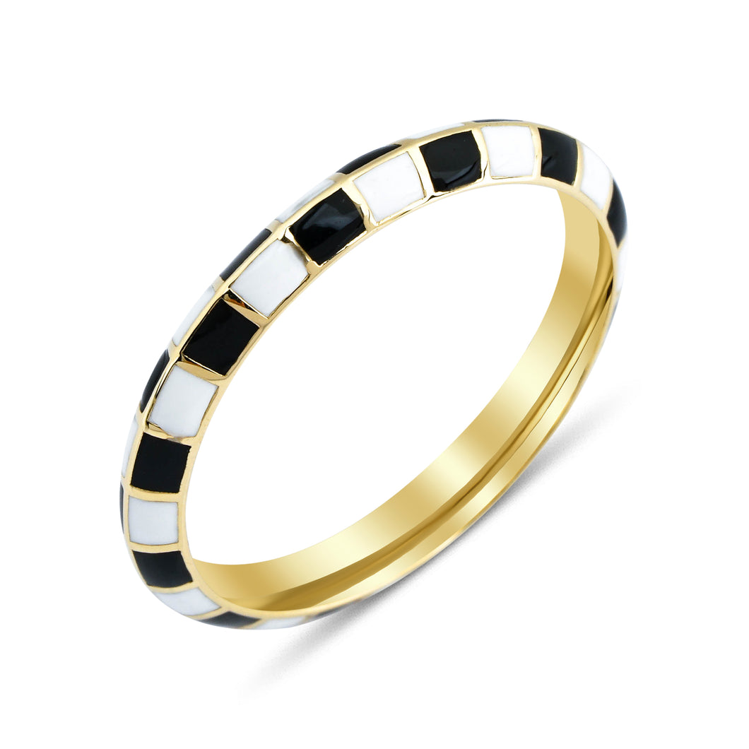 14k Solid Gold Checkered Enamel Stacking Ring