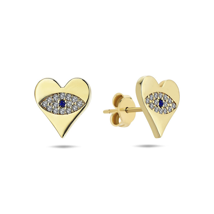 Heart Evil Eye Stud Earrings with Diamond & Sapphire