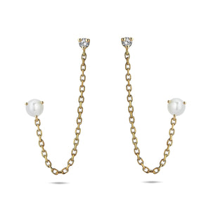 Diamond & Pearl Drop Chain Stud Earrings