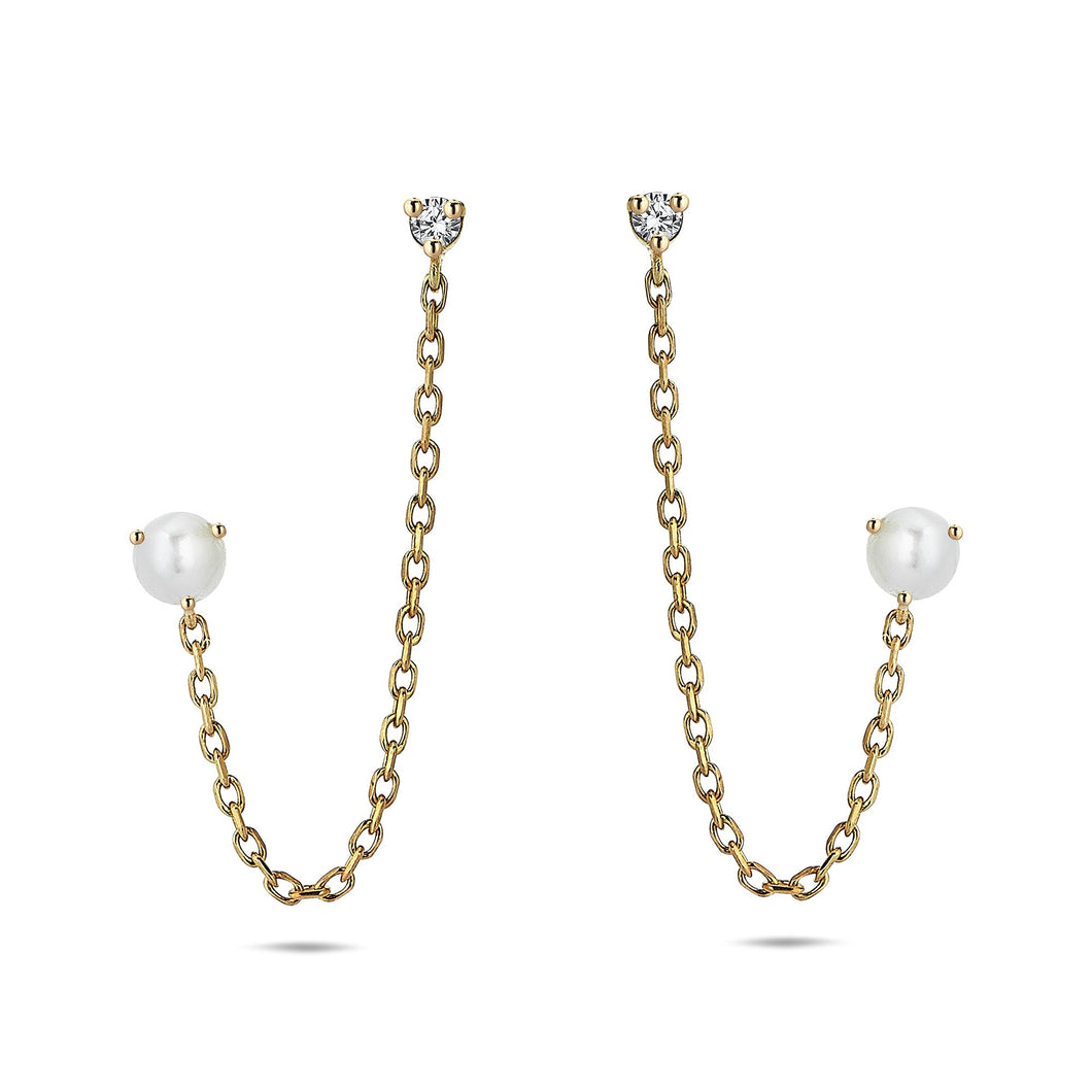 Diamond & Pearl Drop Chain Stud Earrings