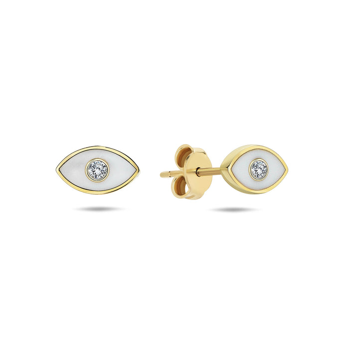 White Enamel Evil Eye Stud Earrings with Diamond