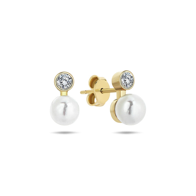 Bezel Diamond Stud Earrings with Pearl