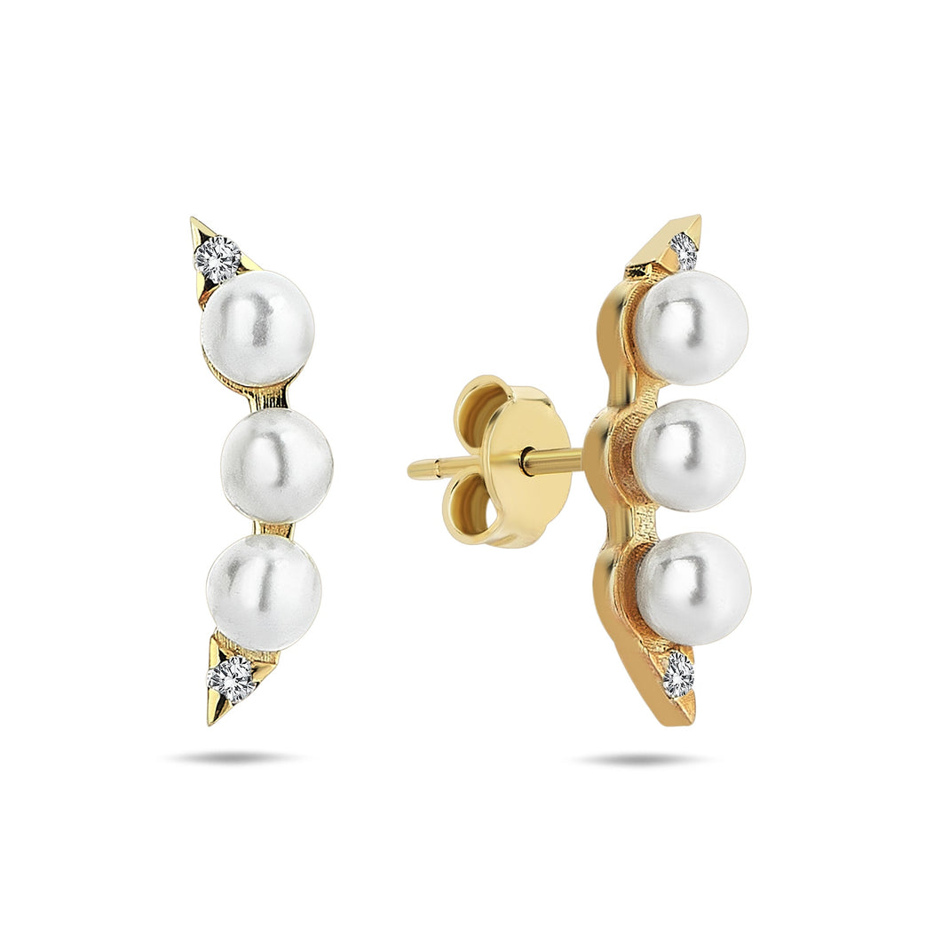 14k Real Gold and Pearl Stud Earrings with Diamond