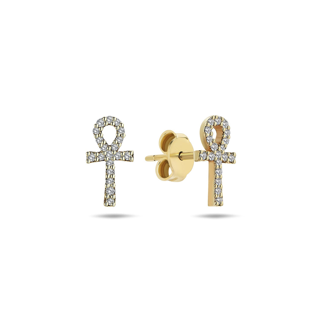 Tiny Ankh Symbol Stud Earrings with Diamond