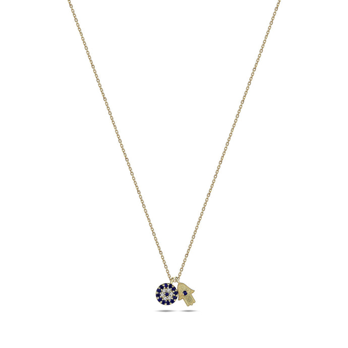 Hamsa & Evil Eye Charm Necklace in 14k Gold