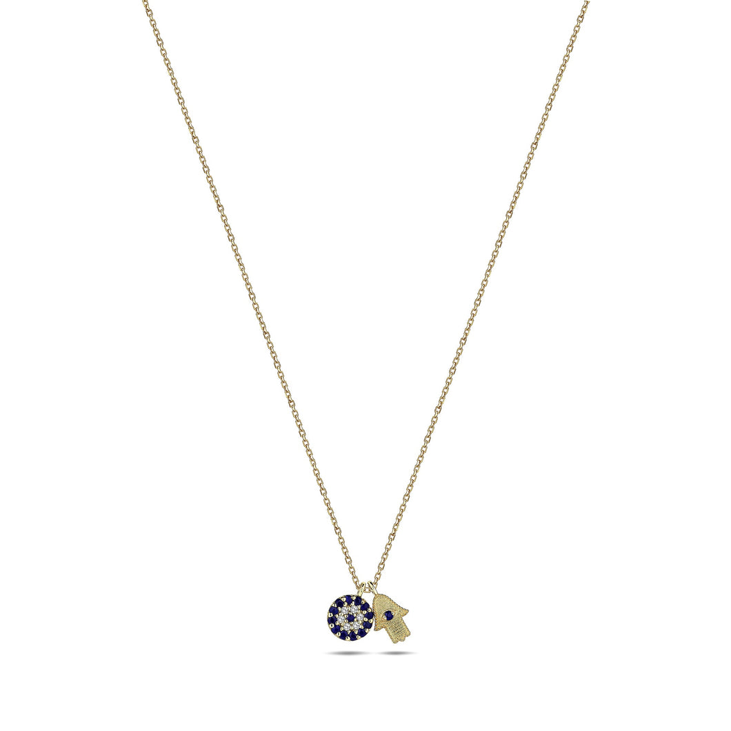 Hamsa & Evil Eye Charm Necklace in 14k Gold