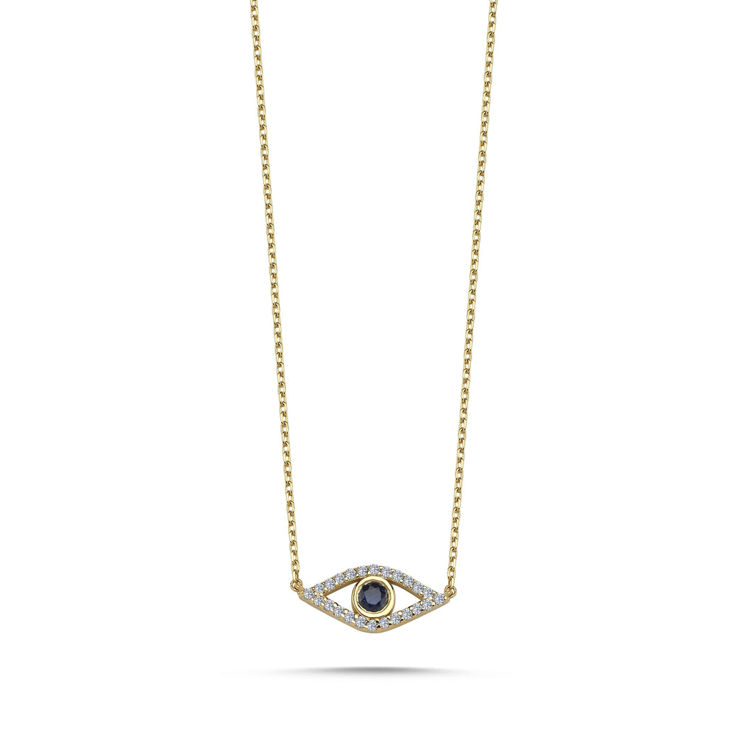 Diamond Evil Eye Necklace with Bezel Sapphire