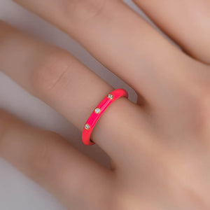Neon Fuchsia Color Enamel Ring with Segment Diamond