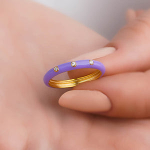 3 Segment Diamond Band Ring with Purple Color Enamel