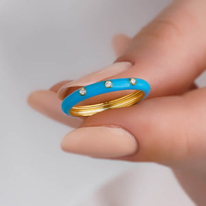 Diamond Turquoise Color Enamel Ring in Solid Gold