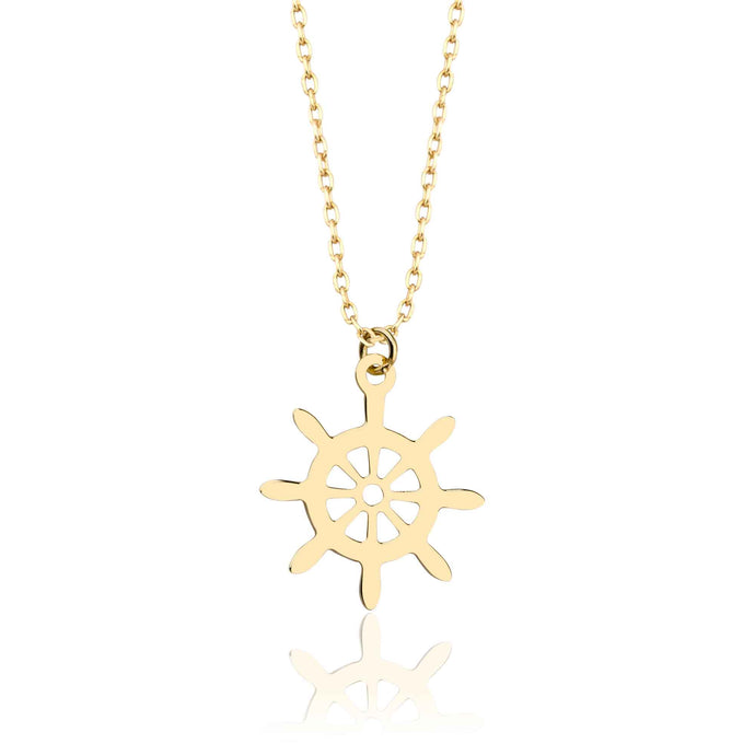Solid Yellow Gold Ship Wheel Charm Necklace