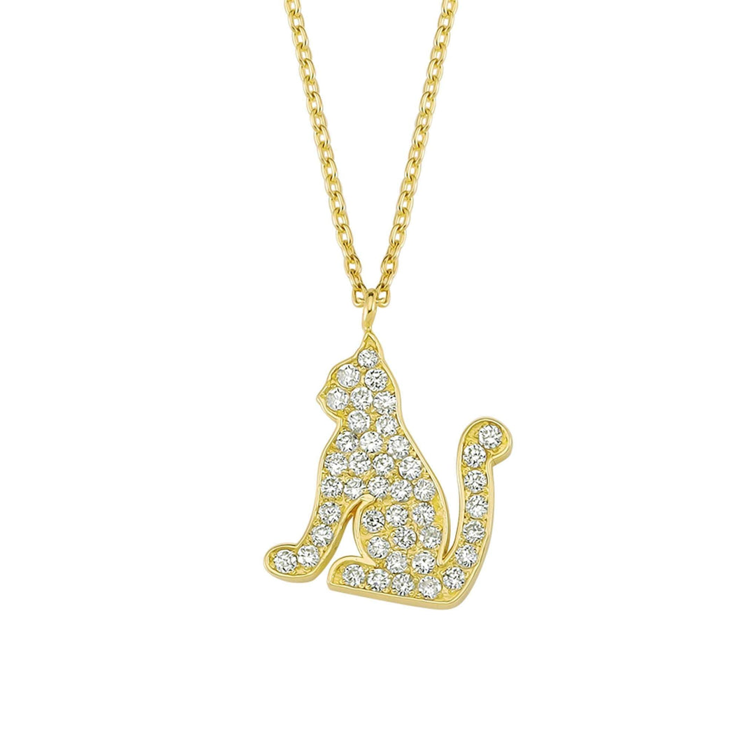 14K Solid Gold Diamond Cat Charm Necklace For Women - Jewelryist