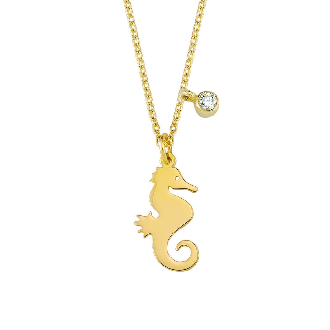 14K Solid Gold Diamond Seahorse Charm Necklace For Women - Jewelryist