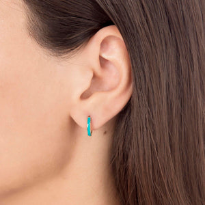 Turquoise Color Enamel Sleeper Hoop Earrings in Solid Gold