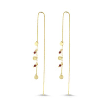 Load image into Gallery viewer, Tiny Disc Charm Threader Earrings with Ruby in Solid Gold
