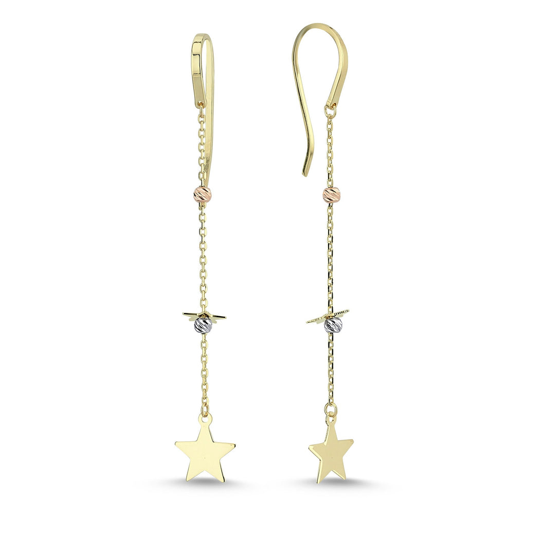 Long Chain Drop Earrings with Star Charm in Yellow Gold