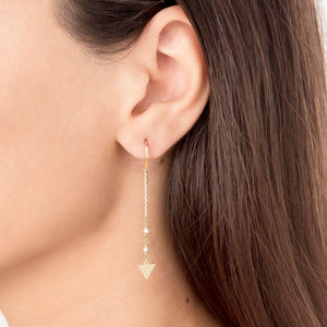14k Gold Triangle Charm Long Earrings with Small Pearl