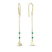 Load image into Gallery viewer, Gold Butterfly Charm Drop Earrings with Tiny Emerald
