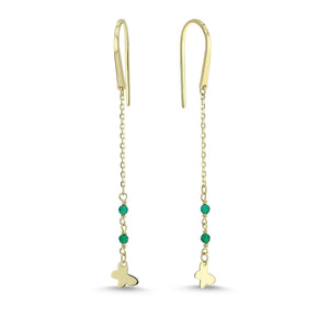 Gold Butterfly Charm Drop Earrings with Tiny Emerald