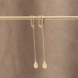 Long Pear Shape Charm Chain Earrings in Solid Yellow Gold