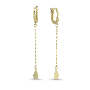 Long Pear Shape Charm Chain Earrings in Solid Yellow Gold