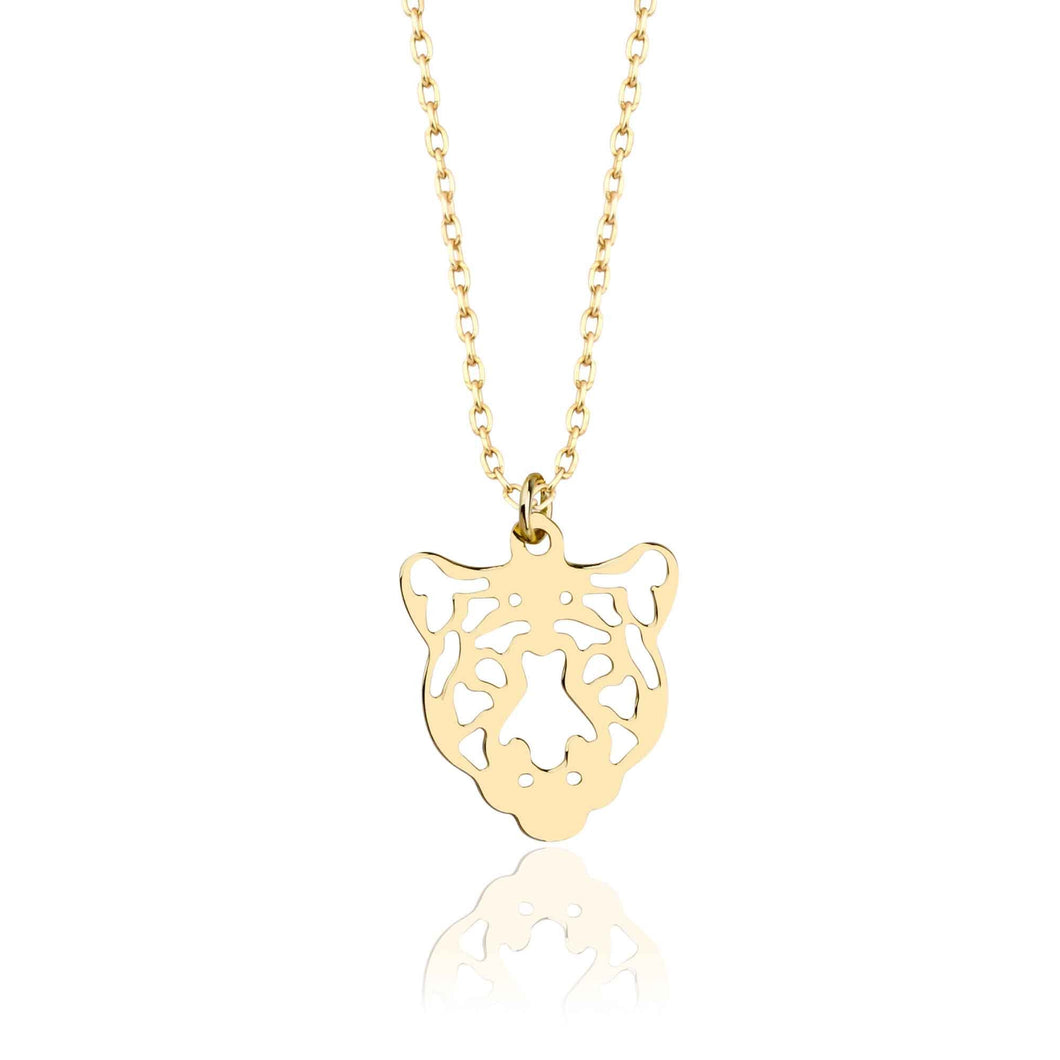 Thin Tiger Face Charm Necklace in Real 14kt Gold