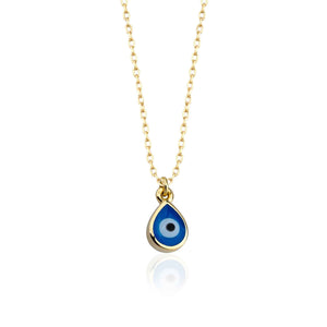 Pear Shaped Blue Evil Eye Charm Necklace in 14k Solid Gold