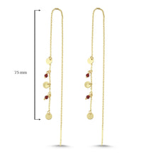 Load image into Gallery viewer, Tiny Disc Charm Threader Earrings with Ruby in Solid Gold
