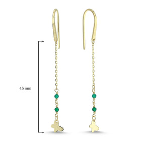 Gold Butterfly Charm Drop Earrings with Tiny Emerald